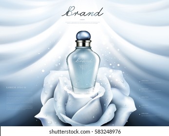 Attractive perfume ads, blue transparent glass bottle on the white rose isolated on silk background in 3d illustration