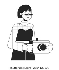 Attractive photographer with camera flat line black white vector character. Editable outline half body asian girl taking picture. Simple cartoon isolated spot illustration for web graphic design