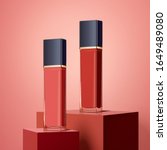 Attractive pink and red lips gloss products on square stage in 3d illustration