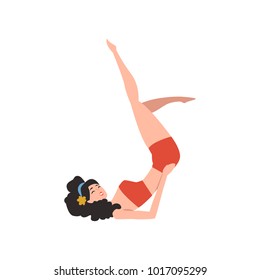 Attractive pin-up model with perfect slim body in inverted pose. Sexy girl dressed in red vintage swimsuit. Cartoon woman with black curly hair. Flat vector design