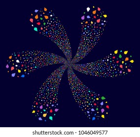 Attractive Plant Leaf explosion flower with 6 petals on a dark background. Psychedelic vector spiral combined from random plant leaf symbols.