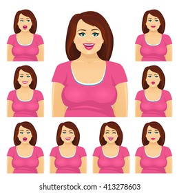 Attractive plump brunette woman with different facial expressions set. Vector cartoon character on white background.