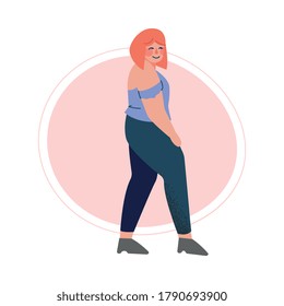 Atractiva y de mayor tamaño: mujer de color rojo, hermosa curvatura, chica con sobrepeso en vectores de ropa de moda Ilustración