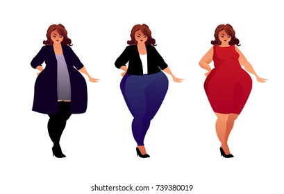 Attractive plus size woman in different fashionable outfits.