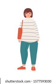 Attractive plus size woman flat vector illustration. Beautiful curvy lady in casual attire cartoon character. Stylish female model isolated on white background. Body positive concept.
