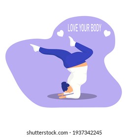 Attractive plus size woman in yoga pose. Concept I love my body. Vector illustration.