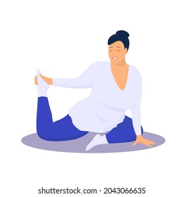 Attractive plus size woman in yoga pose. Concept I love my body. Vector flat illustration.