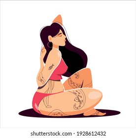 Attractive plus size young tattooed woman sits with her hands clasped behind her back - vector illustration isolated on white background. The concept of self-acceptance, harmony and body positive
