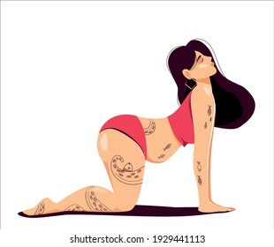 Attractive plus size young tattooed woman doing yoga in cat cow pose - vector illustration isolated on white background. The concept of self-acceptance, harmony and body positive. Pink and beige color