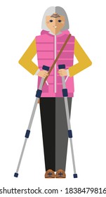 attractive positive elderly woman is engaged in scandinavian walking. Isolated flat vector clipart