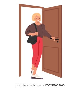 Attractive positive stylish adult woman worker cartoon character smiling walking doorway returns home or enters office room holding door handle vector illustration isolated on white background