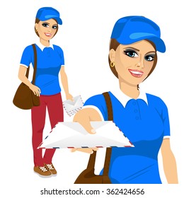 attractive post woman in blue shirt uniform delivering mail with brown leather bag