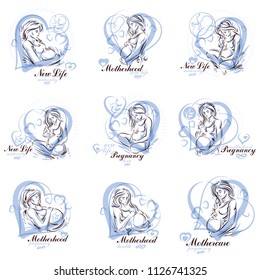 Attractive pregnant woman body silhouette drawings. Vector illustration of mother-to-be fondles her belly. Medical center for pregnancy assistance marketing flyer template