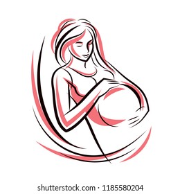 Attractive pregnant woman body silhouette drawing. Vector illustration of mother-to-be fondles her belly. Happiness and caress concept.