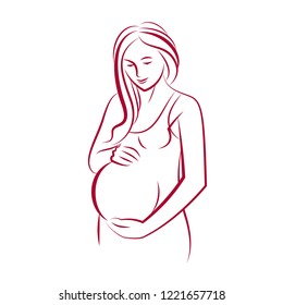 Attractive pregnant woman body silhouette drawing. Vector illustration of mother-to-be fondles her belly. Happiness and caress concept.