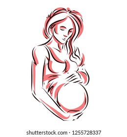 Attractive pregnant woman body silhouette drawing. Vector illustration of mother-to-be fondles her belly. Happiness and caress concept.