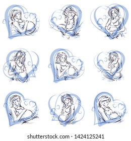 Attractive pregnant woman body silhouette drawings. Vector illustration of mother-to-be fondles her belly. Happiness and caress concept.