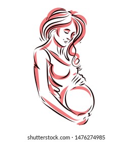 Attractive pregnant woman body silhouette drawing. Vector illustration of mother-to-be fondles her belly. Happiness and caress concept.