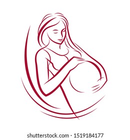 Attractive pregnant woman body silhouette drawing. Vector illustration of mother-to-be fondles her belly. Happiness and caress concept.