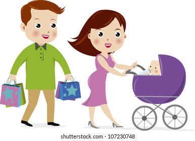Attractive pregnant woman with a buggy shopping for baby stuff and man.