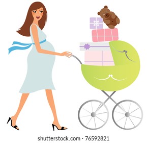 Attractive Pregnant Woman With A Buggy Shopping For Baby Stuff