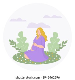 Attractive pregnant woman in nature.Vector illustration in cartoon style