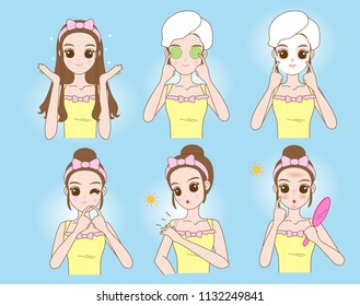 Attractive pretty young woman dressed in casual t-shirt remove make-up, clean, wash up and care her face with sponge. Facial treatment procedures, skincare, healthy lifestyle.