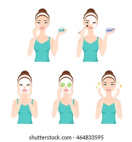 Attractive pretty young woman dressed in casual t-shirt care her face and skin, using cream and applying natural mask. Facial treatment procedures, skincare, healthy lifestyle.