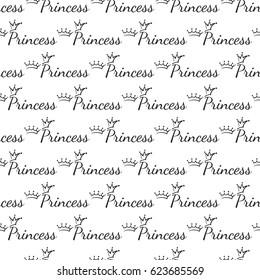 Attractive prince crown and princess inscription vector seamless pattern background. Beautiful illustration with hand drawn crowns. Stylish fashion backdrop for invitation, wedding decoration design.