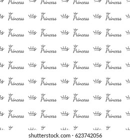 Attractive prince crown and princess inscription vector seamless pattern background. Beautiful illustration with hand drawn crowns. Stylish fashion backdrop for invitation, wedding decoration design.