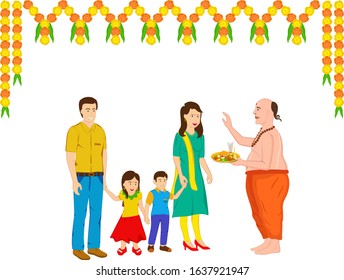 Attractive and professional design of Indian family and the Indian priest in traditional clothing with some  marigold flower decoration on the occasion of their house warming celebration.