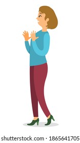 Attractive professional fair-haired woman with a surprised expression, vector illustration. Happy female in trousers and high heels makes a hand gesture side view isolated on white background