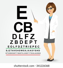 Attractive professional female optician pointing to snellen chart isolated on white background