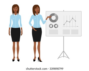 Attractive professional woman in two poses near presentation board, vector illustration