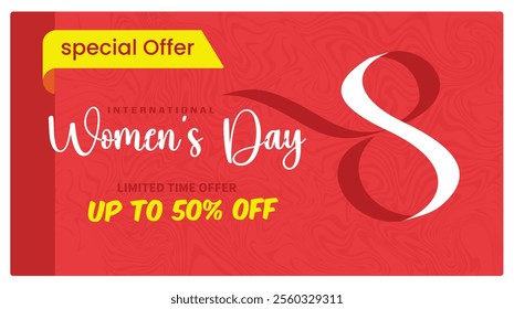 Attractive promotional banner for International Women's Day. Marketing ads with text and discounts up to 50%. Women's Day concept. Flat vector illustration.