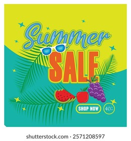 Attractive promotional summer sale design featuring fruits, palm leaves and stylish text. Suitable for summer sales promotions. Flat vector modern illustration
