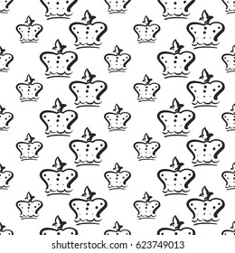 Attractive queen crown vector seamless pattern background. Beautiful illustration with hand drawn crowns. Stylish fashion backdrop for invitation and wedding decoration design.