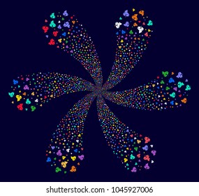 Attractive Radio Telescope cycle composition on a dark background. Vector abstraction. Suggestive burst combined from random radio telescope items.