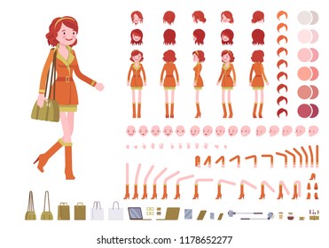 Attractive red haired lady character creation set. Ginger woman, trendy city wear. Full length, different views, emotions, gestures. Build your own design. Vector illustration