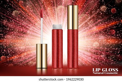 Attractive red lip gloss ads, sticky and glossy liquid texture with glass container in vector design illustration.