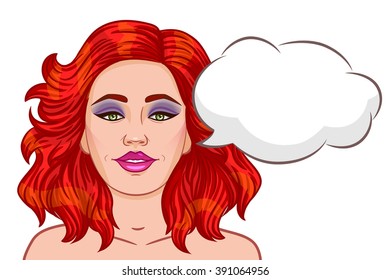 Attractive red-haired girl vector. Girl with bubble. The girl's face with bright hair.
