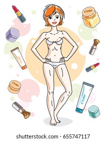 Attractive red-haired woman in underwear posing on colorful background with creme, lipstick, blusher and different tubes. Vector nice lady illustration. 