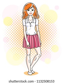 Attractive redhead woman posing on colorful backdrop with bubbles and circles and wearing casual clothes. Vector nice lady illustration. 