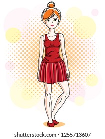 Attractive redhead woman posing on colorful backdrop with bubbles and circles and wearing casual clothes. Vector nice lady illustration. 