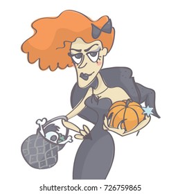Attractive redhead woman in witch costume for Halloween, funny vector cartoon isolated on white background