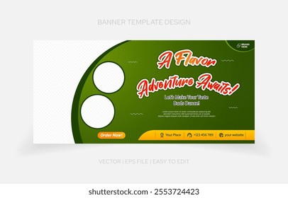 Attractive restaurant banner template with a dynamic layout, customizable placeholders, and stylish typography for advertising needs.