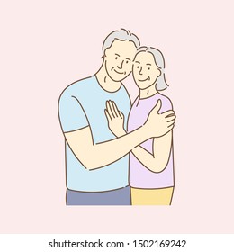 Attractive romantic senior couple, 
lovely elderly couple in each other's arms, enjoying, hugging and smiling family. Hand drawn vector illustration in doodle style.