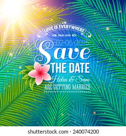 Attractive Save the Date Concept for Wedding with Nature Style, Emphasizing Palm Leaves Illuminated by Sunlight.