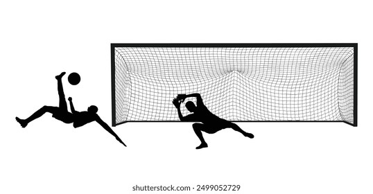 Attractive scissor moves soccer player kick the ball against goalkeeper trying saves shot vector silhouette illustration isolated. Man football player duel game. Effective move spectacle for public.