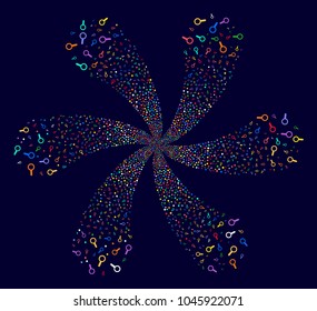 Attractive Search centrifugal flower with six petals on a dark background. Vector abstraction. Suggestive whirlpool combined from scatter search symbols.